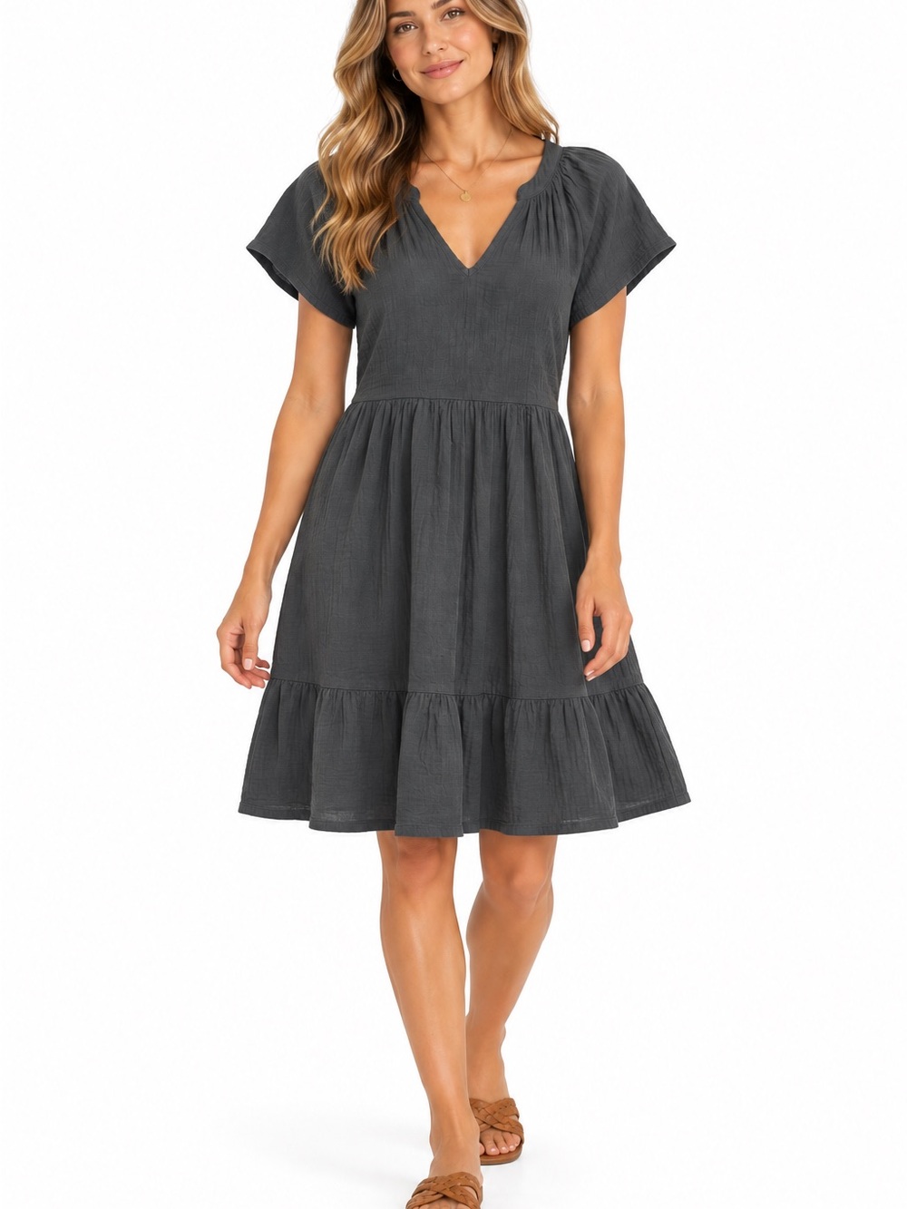 Pact Women's Coastal Double Gauze Boho Midi Dress Size Small Gray